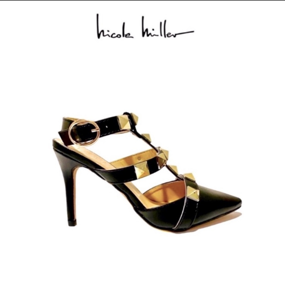 NICOLE MILLER Selty Black Gold Strap Studded Pointy Toe Heels Pumps